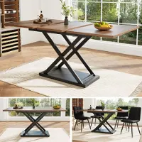 Fortuna Lai uitschuifbare eettafel (120-160 x 80 cm), uitschuifbare eettafel, ruimtebesparende keukentafel, zwarte, gekruiste ijzeren poten, geschikt voor keuken en woonkamer, eettafel in walnootkleur