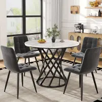 STILVORA Eettafelset (5-delig) met 4 stoelen, keukenmeubel met ronde eettafel en zwarte metalen poten, eethoek met eetkamerstoelen van fluweel, grijs