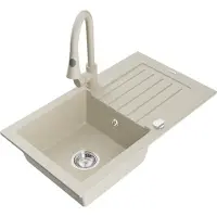 Mexen Pablo granieten spoelbak 1-komor met afdruiprek en keukenmengkraan Elia, beige - 6510-69-670101-69