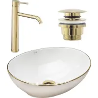 REA Sofia Opzetwastafel White Wit + Wastafelkraan Lungo High Goud + Kurk Goud