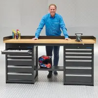 Datona Werkbank PRO - eiken werkblad - 12 lades - 200 cm - Zwart