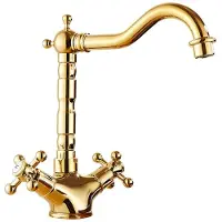 Zelurxx Antieke koperen kraan, mengkraan met twee handgrepen, keramische cartridge, druppelvrij, geborsteld retro-design, duurzame koperen behuizing, goudkleurig, laag model