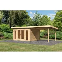 Karibu tuinhuis, tuinhuis Radeburg 2, set van 3,3 m, aanbouwdak, onbehandeld hout, afmetingen 664x309x229,5 cm