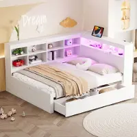 OKWISH Kinderhuisbed 90x200 cm met opbergrek en 2 grote lades, massief hout, Scandinavisch wit