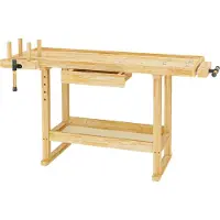 Wiltec werkbank, 151 x 61,5 x 86 cm, van hout, werkbank van rubberhout, verstelbare werkbank met een draagvermogen tot 150 kg, gereedschapskast met lade en spanbekken