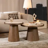 Livin24 Salontafels Mae set van 2 Ø50 en Ø62 cm travertin/rustiek eiken