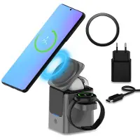MMOBIEL Draadloos Oplaadstation van – 3-in-1 Draadloze Oplader 15W voor voor Smartphone, Smart Watch en Oordopjes – 25W Adapter & Magnetische Ring - Zwart