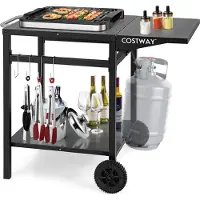 Costway Grillwagen met Inklapbaar Tafelblad - 2 Laags - 4 Haken - Zwart - 96,5 x 64 x 75,5 cm