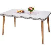Mendler Poly-rattan eettafel -H65, tuin/lounge tafel, staal + acacia halfronde poly-rattan MVG 150x90cm ~ grijs