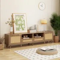 STILVORA TV-meubel met verstelbare poten, TV-kast met rieten lades en open vakken, TV-meubel voor televisies tot 80 inch, natuurlijke uitstraling