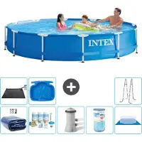 Intex Rond Frame Zwembad - 366 x 76 cm - Blauw - Inclusief Solarzeil - Onderhoudspakket - Zwembadfilterpomp - Filter - Grondzeil - Solar Mat - Ladder - Voetenbad - 9-delig