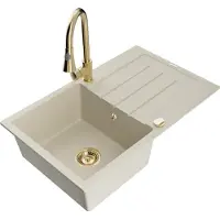Mexen Bruno granieten gootsteen 1-komorige met afdruiprek en keukenmengkraan Elia, beige - 6513-69-670101-50