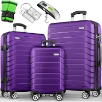 Tillvex reiskofferset 3-delig + bagageweegschaal, 6X kofferriemen & 3X kofferhangers | kofferset 4 wielen | trolley bagage koffer TSA slot | set koffer met harde schaal M-L-XL, lila, Kofferset 3tlg