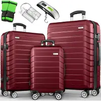 Tillvex reiskofferset 3-delig + bagageweegschaal, 6X kofferriemen & 3X kofferhangers | kofferset 4 wielen | trolley bagage koffer TSA slot | set koffer met harde schaal M-L-XL, lila, Kofferset 3tlg