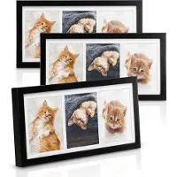 Bomoe Galeria fotolijst set van 3 - houten fotolijsten met passepartout houten frame en plastic glas & metalen ophanging lijst voor foto's 3 x 3 foto's - zwart