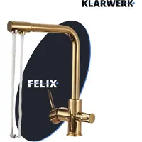 KLARWERK Felix | Premium gouden glanzende drinkwaterkraan met 3 aansluitingen | RVS osmosewaterkraan voor de keuken | Mengkraan - 360 graden | Filter met 3 aansluitingen