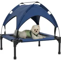 PawHut Erhöhtes Hundebett mit Baldachin, Haustierbett, Outdoor Hundeliege mit Dach, Atmungsaktiv, für kleine und mittelgroße Hunde Dunkelblau Oxford 76 x 61 x 69,5 cm