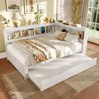 STILVORA slaapbank, dagbedmodel, 140 x 200 cm, met uitschuifbed, bedframe voor jongeren met USB-aansluiting en lattenbodem, zonder matras, wit