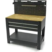 HBM werkbank 115 cm met 3 laden, houten werkblad en achterwand, zwart