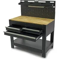 HBM Professionele metalen werkbank met 3 lades, een massief houten werkblad, LED-verlichting, 230V stopcontacten en een USB-poort, lengte 115 cm