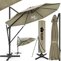 Tillvex Premium aluminium parasol, 330 cm, met afdekking en windbescherming, zweefparasol, 6-voudig verstelbaar, met zwengel, tuinparasol, 360 graden draaibaar, kantelbaar, UV50+ waterdicht, bruin