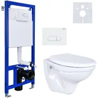 BELVIT Wandtoilet complete set: wandelement, geluidsisolatie, toiletzitting met soft-close, afvoer, bedieningsplaat, keramische toiletpot, spoelreservoir. Badkamer, sanitair