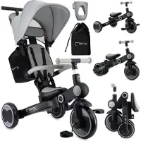 Momi SOLIVIA driewieler voor kinderen, 4-in-1 - Driewieler, stuurstang, loopfiets, buggy - Grijs