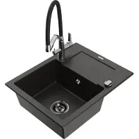 Mexen Enzo granieten gootsteen met 1 bak en afdruiprek en Duo keukenkraan, zwart/goud metallic - 6506-75-671701-07-B