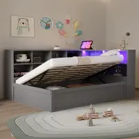 OKWISH uitschuifbaar bed 90x200 met lade en opbergruimte, dagbed met lattenbodem en LED-lichtstrip, multifunctioneel houten bed, zonder matras, grijs