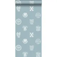 ESTAhome behang school emblemen licht vintage blauw - 53 cm x 10.05 m - 128803
