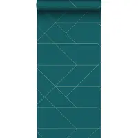 ESTAhome behang grafische lijnen petrolblauw en goud - 53 cm x 10.05 m - 139454