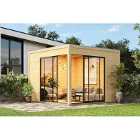 Karibu Houten tuinhuis, 38 mm dik, zwembadoverkapping, houten huis "Dice 3" met aluminium schuifdeur, onbehandeld, afmetingen 308x308x242 cm