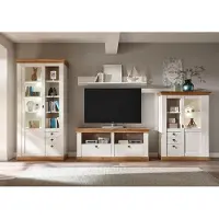 IMV Woonkamerwand, landhuisstijl, 356 cm, grenen, wit / eikenhout "Wotan", wandmeubel, hoge kast