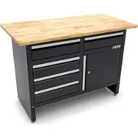 HBM werkbank 120 cm met 5 laden en deur, massief houten werkblad, zwart