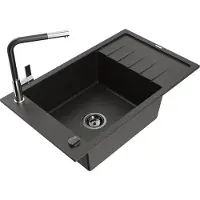 Mexen Elias granieten gootsteen 1-kompartment met afdruiprek en keukenkraan Flora, zwart/gouden metallic - 6511-75-670401-07-B