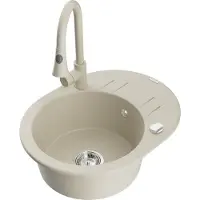 Mexen Kevin granieten spoelbak 1-komor met afdruiprek en keukenkraan Elia, beige - 6517-69-670101-69