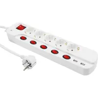 McPower Stekkerdoos met schakelaar - Verdeeldoos 5-voudig - 2 USB A laadpoort - Verdeelstekker met 1.5 meter kabel - Wit