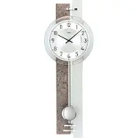 AMS 7440 Wandklok, quartz uurwerk met slinger, zilverkleurig, natuursteenlook. Pendelklok met glazen slinger