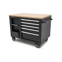 HBM verrijdbare gereedschapswagen, werkbank 114 cm met houten werkblad, zwart