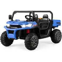 Costway Elektrische kinderauto met 2 zitplaatsen, automatische laadvlak, 12V kinderdumpwagen, snelheid 3-8 km/u, met muziek, claxon, koplampen, afstandsbediening en schop, blauw