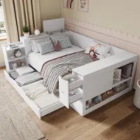 STILVORA kinderbed 140x200 met 2 uitschuifladen en nachtkastjes, tienerbed met opbergkasten, bed met opbergruimte voor tieners, zonder matras, wit