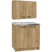 Stamar - Keuken Set: Wandkast 80 cm + Onderkast - Keukenmeubel + Spoelbak + Sifon - Eiken Goud