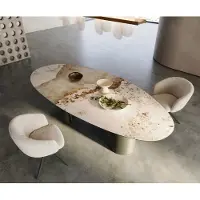 DELIFE Eettafel Edge ovaal 280x130 keramiek Minas Melange wit-beige Troa metaal effect afwerking titanium