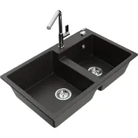 Mexen Tomas granieten spoelbak 2-vaks met keukenkraan Flora, zwart/goud metallic - 6516-75-670401-00