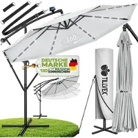 Tillvex Zweefparasol Aluminium met LED Solar Ø 350 cm + Zwengel + Hoes + Windbescherming | Parasol met Standaard | Tuinparasol UV-bescherming | Waterdichte Draaiparasol Marktscherm