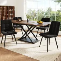 Fortuna Lai Eetgroep (5-delig), Uitschuifbare eettafelset voor 4 personen, eettafel 160×80×75 cm met 4 eetkamerstoelen, eetkamerstoelen van zwart fluweel, eettafel in notenkleur