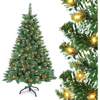 JOIEYOU PVC Kunstkerstboom, 210 cm met verlichting, groene takken, sneeuw, dennenappels en metalen voet. Kunstmatige kerstboom, snel op te zetten klapsysteem voor kerstdecoratie