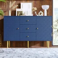 STILVORA Kommode met 2 deuren en 3 lades, dressoir met afgeronde hoeken en een paneel met een visgraatmotief, bijzettafel met hoge metalen poten en verstelbaar legplank, marineblauw