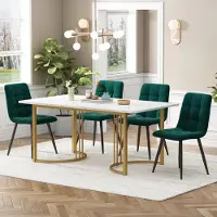 Sweiko Eetset (5-delig), Eettafel met 4 stoelen, Moderne keukenmeubelset, Eettafel van 140x80 cm met gouden metalen poten, MDF tafelblad in wit, donkergroene fluwelen eetkamerstoelen