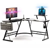 GADGY Game Bureau Carbon PRO - Gaming HoekBureau 130 CM Breed - Gaming Bureau met Carbon Details - Gaming Desk L-vorm met Koptelefoonhouder, Scherm Verhoging & Opbergmand - Level Up met Gadgy - Zwart